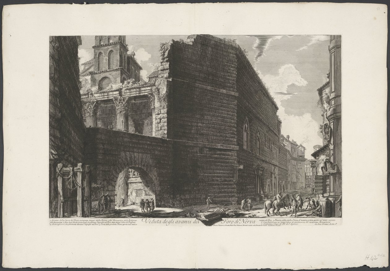 Forum van Augustus te Rome Näkymä Forum of Nervan jäännöksistä (otsikko esineessä) Gezichten op Rome (sarjan nimi) Näkymät Roomaan suunnitellut ja kaivertanut Giambattista Piranesi arkkitehti Ve (nez) iano (sarjan nimi) tekijältä Giovanni Battista Piranesi