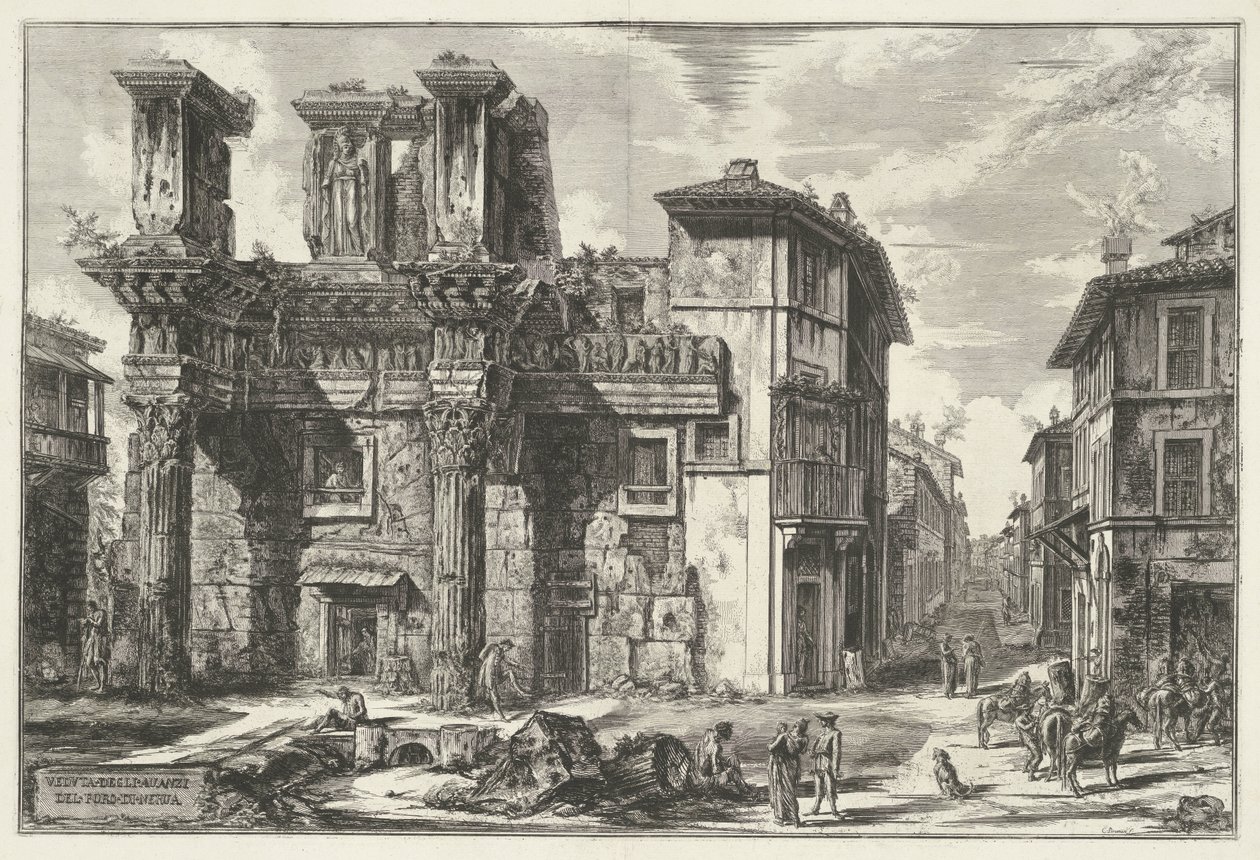 Forum van Nerva te Rome Näkymä Forum of Nervan jäänteistä (nimi esineessä) Gezichten op Rome (sarjan nimi) Näkymät Roomaan suunnitellut ja kaivertanut Giambattista Piranesi arkkitehti Ve (nez) iano (sarjan nimi) tekijältä Giovanni Battista Piranesi