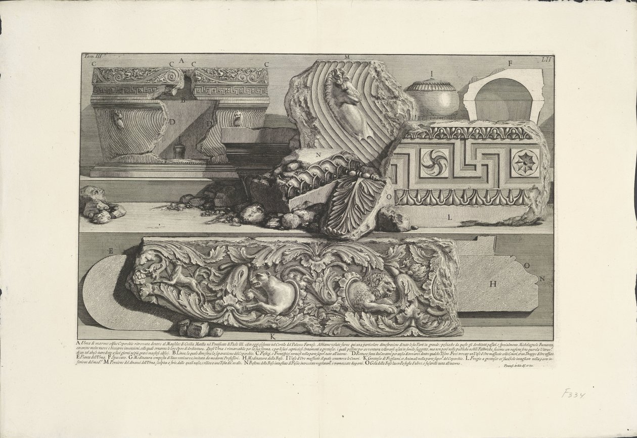 Fragmentteja Caecilia Metellan haudasta Roomassa Arkeologiset löydöt Roomassa ja sen ympäristössä (sarjan nimi) Le Antichita Romane (sarjan nimi) tekijältä Giovanni Battista Piranesi