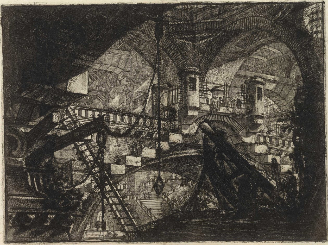 Piranesi, Giovanni Battista (1720-1778) sarjasta The Imaginary Prisons (The Prisons of Invention). Kuparikaiverrus, n. 1761, Yksityiskokoelma tekijältä Giovanni Battista Piranesi