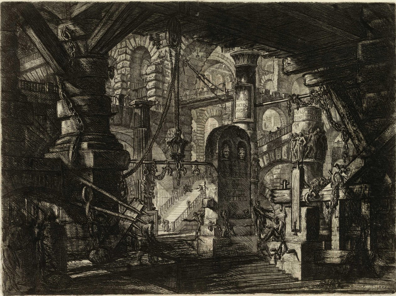 Piranesi, Giovanni Battista (1720-1778) sarjasta The Imaginary Prisons (The Prisons of Invention). Kuparikaiverrus, n. 1761, Yksityiskokoelma tekijältä Giovanni Battista Piranesi