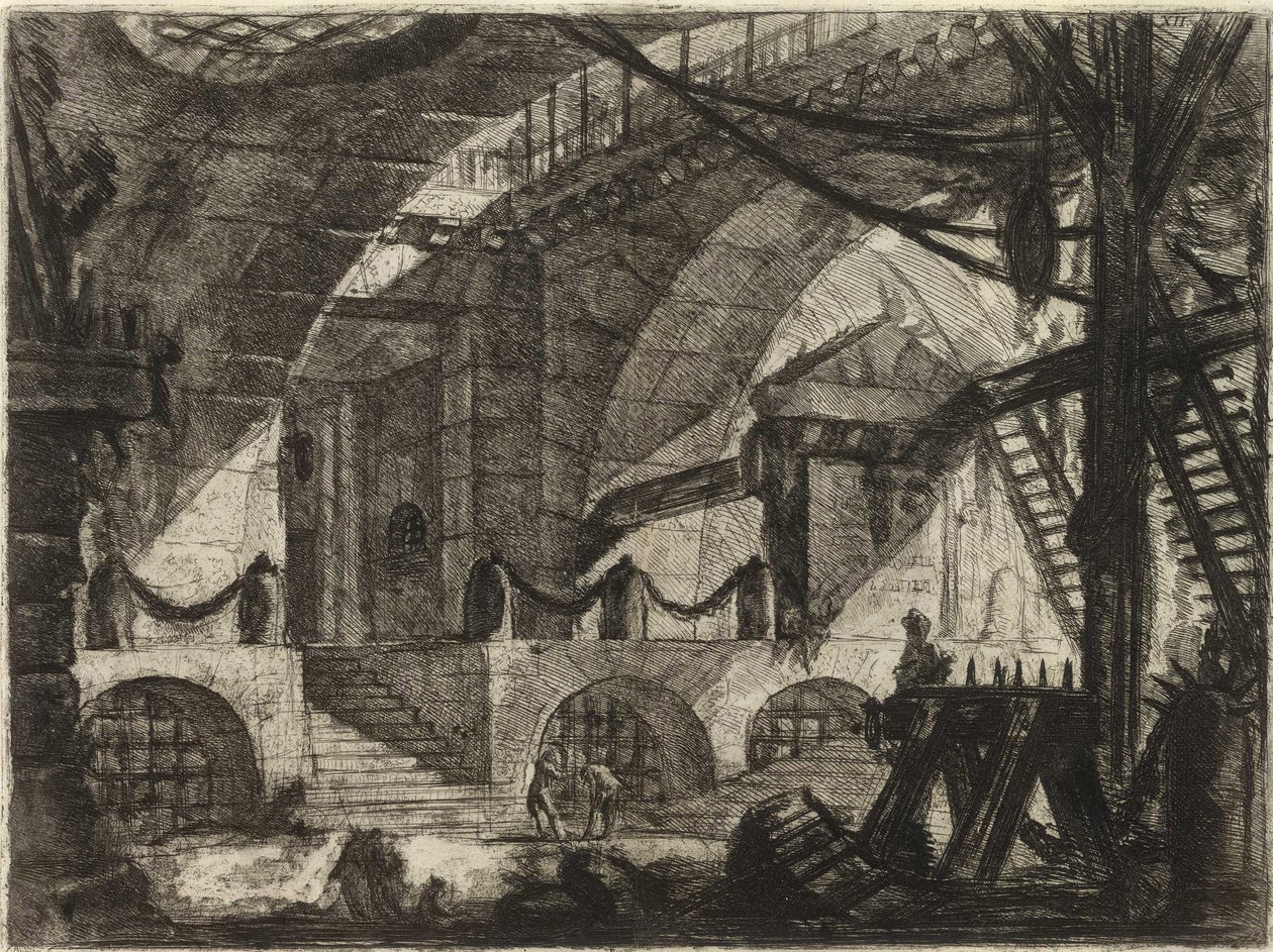 Piranesi, Giovanni Battista (1720-1778) sarjasta The Imaginary Prisons (The Prisons of Invention). Kuparikaiverrus, n. 1761, Yksityiskokoelma tekijältä Giovanni Battista Piranesi
