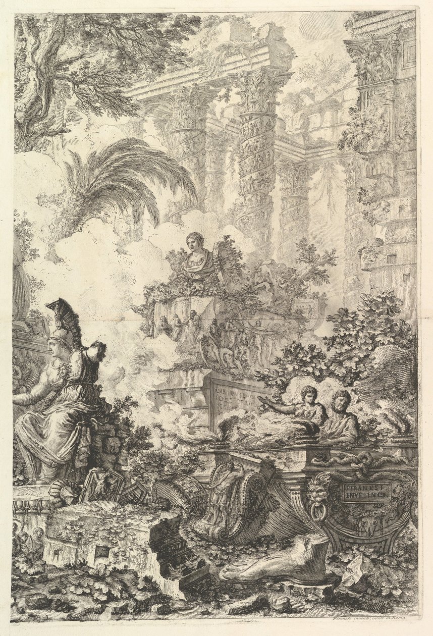 Etukappale, Minervan patsas, n. 1748. tekijältä Giovanni Battista Piranesi