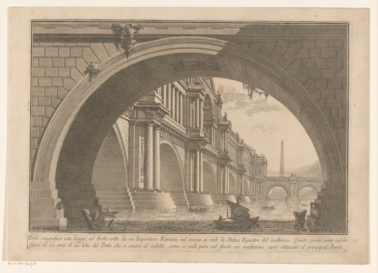 Näkymä sillalle, jossa on kaaria ja loggioita Arkkitehtuuri ja näkökulmat (sarjan nimi) ensimmäinen osa Prima parte di architetture e prospettive (sarjan nimi) tekijältä Giovanni Battista Piranesi