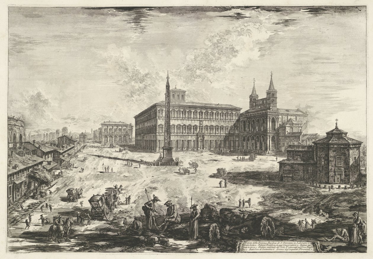Gezicht op het Lateraan te Rome met de Sint-Jan van Lateranen Näkymä Piazzalle ja S. Giovannin basilikalle Lateranossa (otsikko esineessä) Gezichten op Rome (sarjan nimi) Näkymät Roomaan suunnitellut ja kaivertanut Giambattista Piranesi arkkitehti Ve (nez) tekijältä Giovanni Battista Piranesi