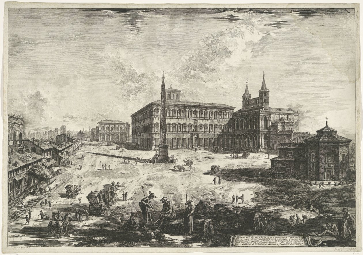 Gezicht op het Lateraan te Rome met de Sint-Jan van Lateranen Näkymä Piazzalle ja S. Giovannin basilikalle Lateranossa (otsikko esineessä) Gezichten op Rome (sarjan nimi) Näkymät Roomaan suunnitellut ja kaivertanut Giambattista Piranesi arkkitehti Ve (nez) tekijältä Giovanni Battista Piranesi