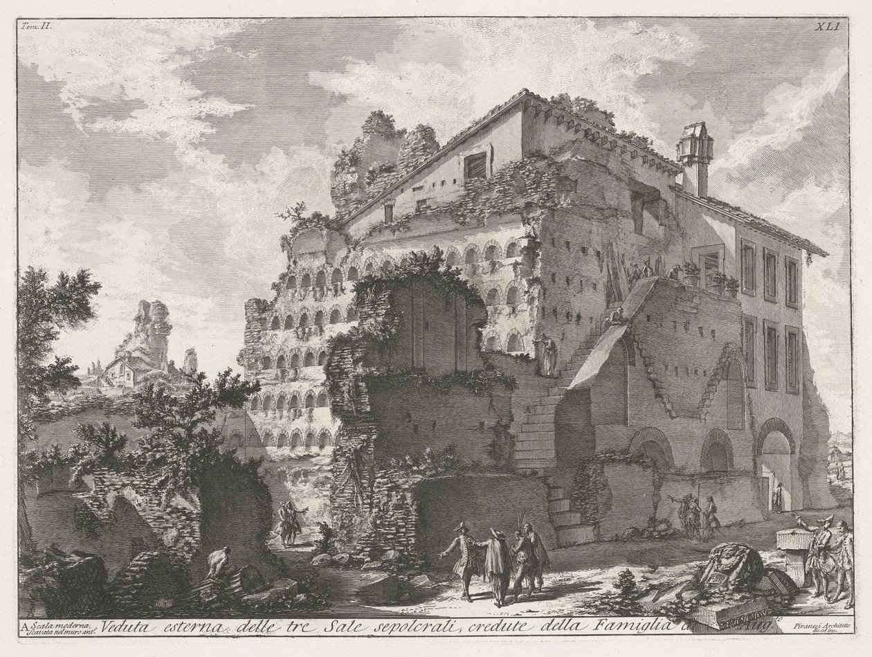 Graftombe van familie van Keizer Augustus Ulkokuva kolmesta hautahuoneesta, joiden uskotaan kuuluvan Aug.to-perheeseen (otsikko esineessä) Archeologische vondsten in en rond Rome (sarjan nimi) Roman Antiquities (sarjan nimi) tekijältä Giovanni Battista Piranesi