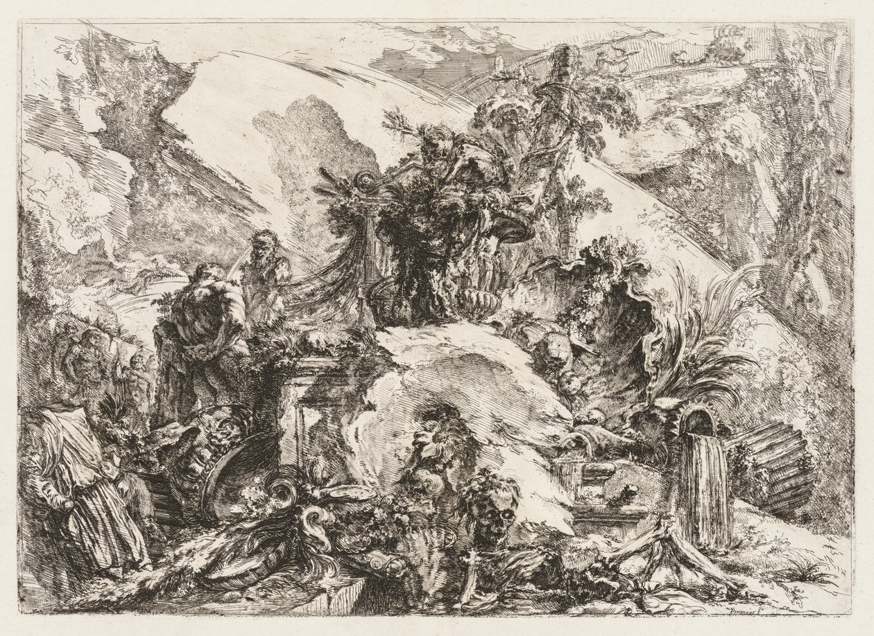 Groteschi: Rauniot, joissa on kuoleman pää ja luuranko tekijältä Giovanni Battista Piranesi