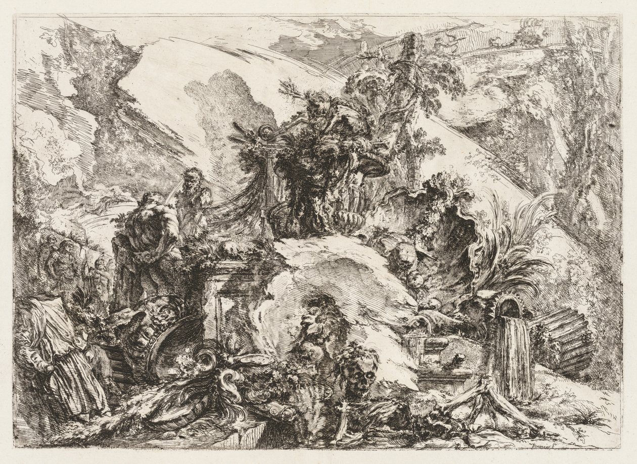 Groteschi: Ruins with Deaths Head and Skeleton. tekijältä Giovanni Battista Piranesi