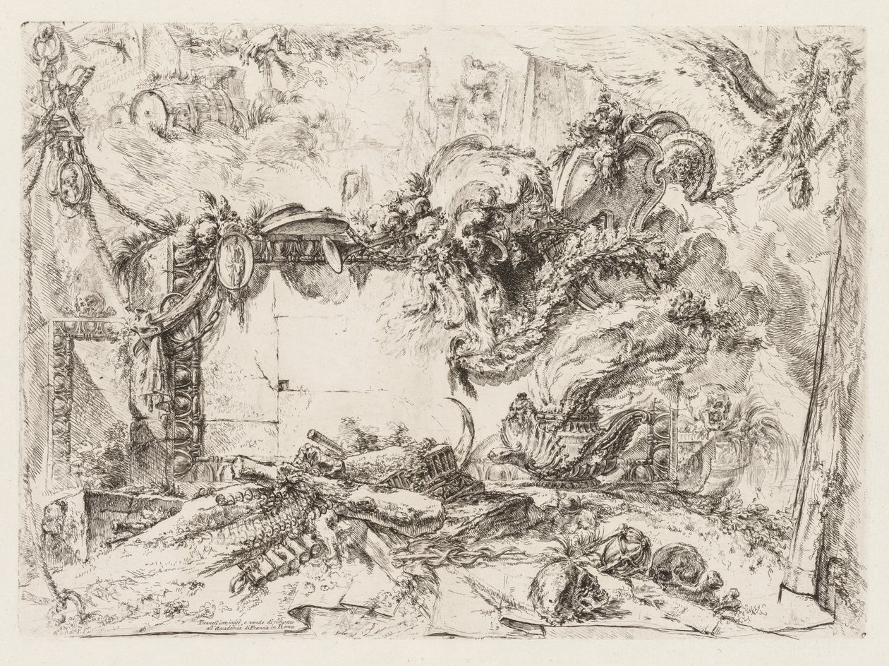 Groteschi: Rauniot kalloineen ja tupakoiva maljakko, n. 1745-50. tekijältä Giovanni Battista Piranesi