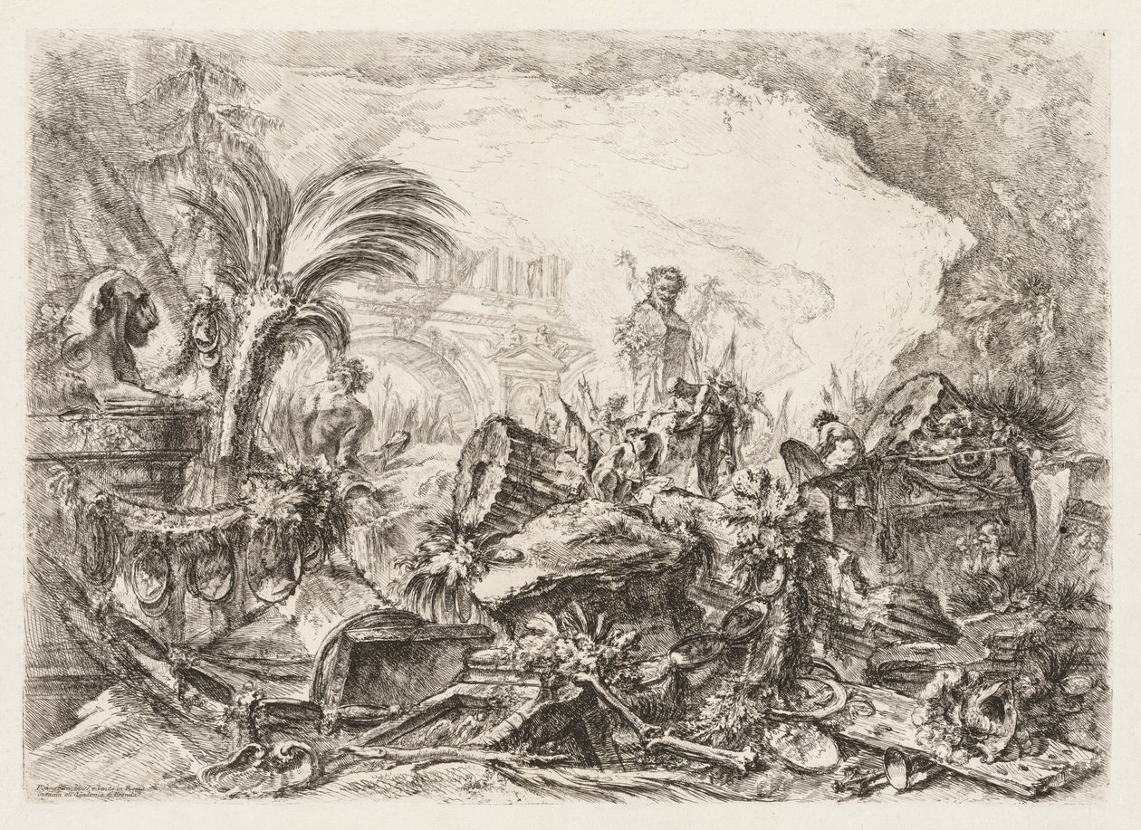 Groteschi: Rauniot, joissa on faunin patsas ja kaatunut pylväs, n. 1745-50. tekijältä Giovanni Battista Piranesi