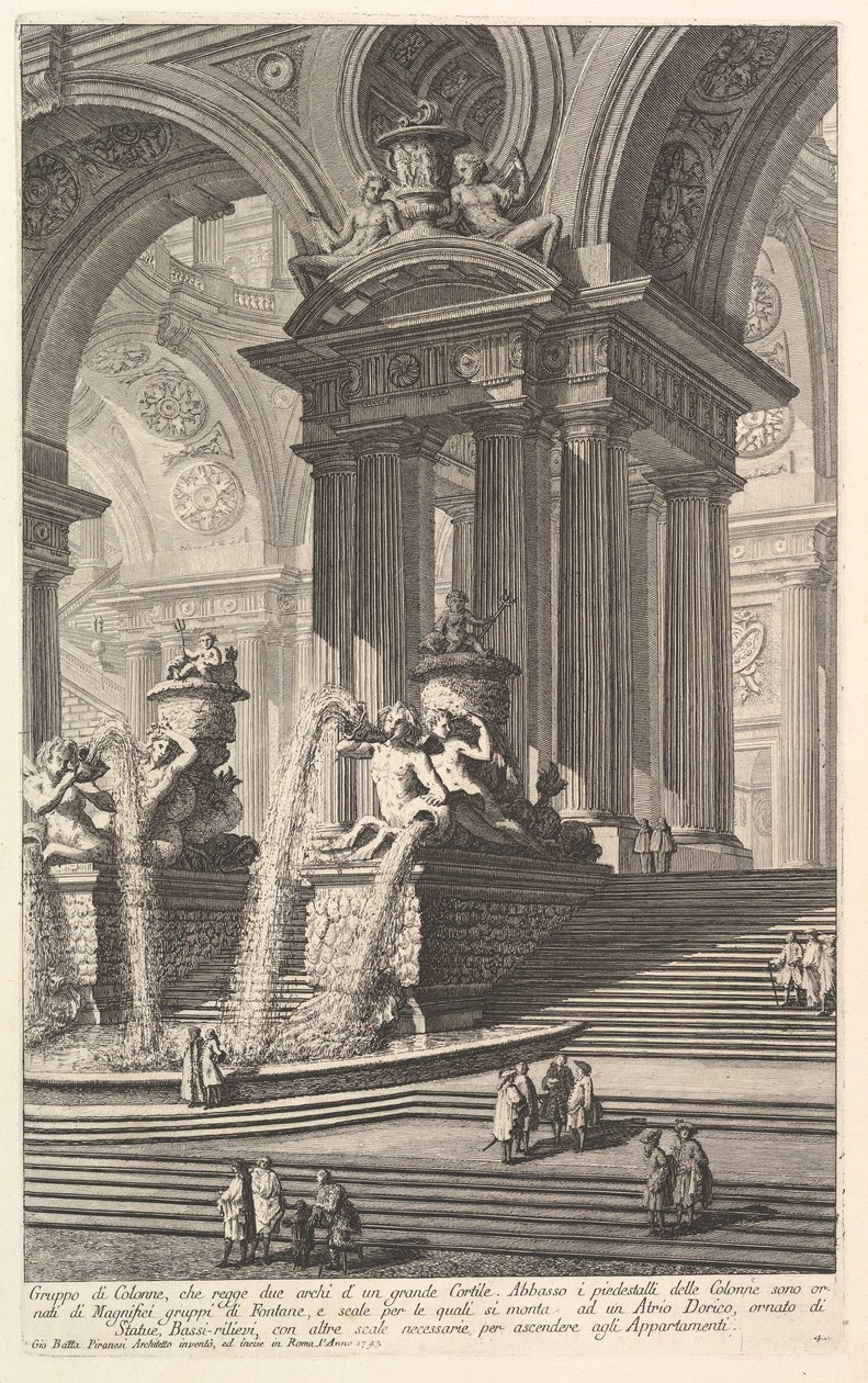 Ryhmä pylväitä, jotka tukevat suuren pihan kahta kaaria. . . Gruppo di Colonn..., n. 1750. tekijältä Giovanni Battista Piranesi
