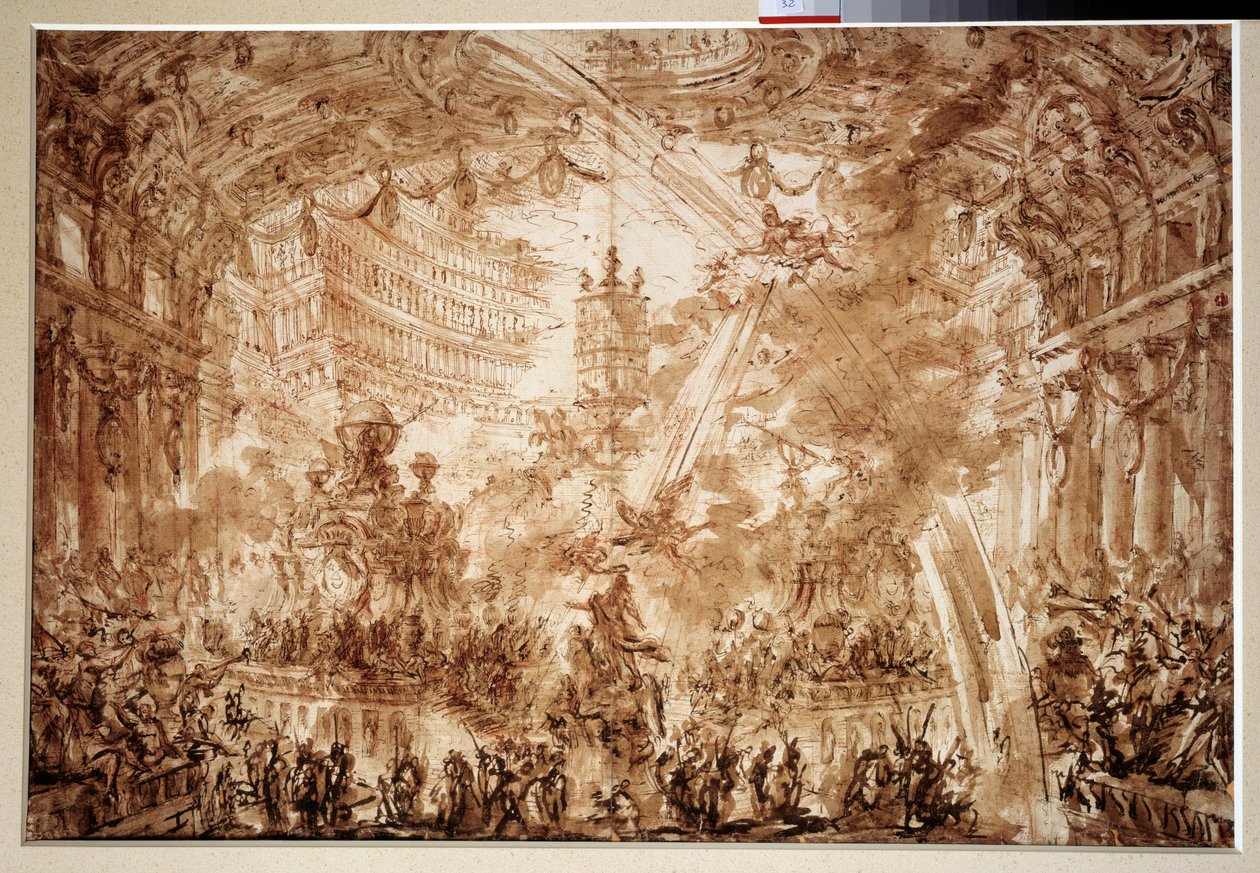 Palatsin sisällä: kaksi lentävää uudelleennimeä kruunaavat hahmon. Piirustus: Giovanni Piranese (1720-1778) tekijältä Giovanni Battista Piranesi