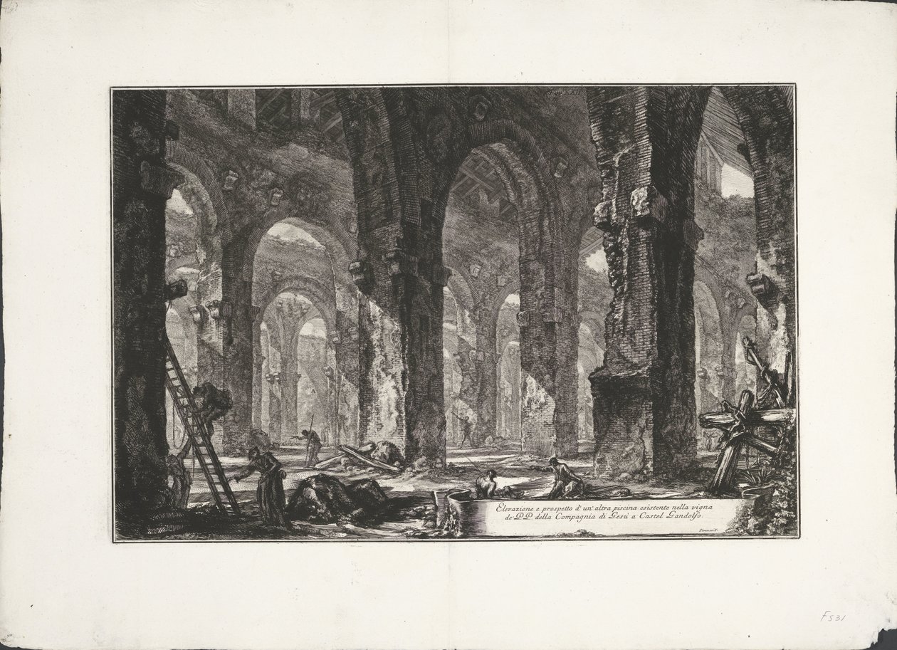 Interieur van badhuis Castel Gandolfossa P.P:n viinitarhassa sijaitsevan toisen uima-altaan kohoaminen ja kohottaminen Jeesuksen seuran jäsen Castel Gandolfossa. (otsikko esineessä) Archeologische vondsten uit Albano en Castel Gandolfo (sarjan nimi) Antiik tekijältä Giovanni Battista Piranesi