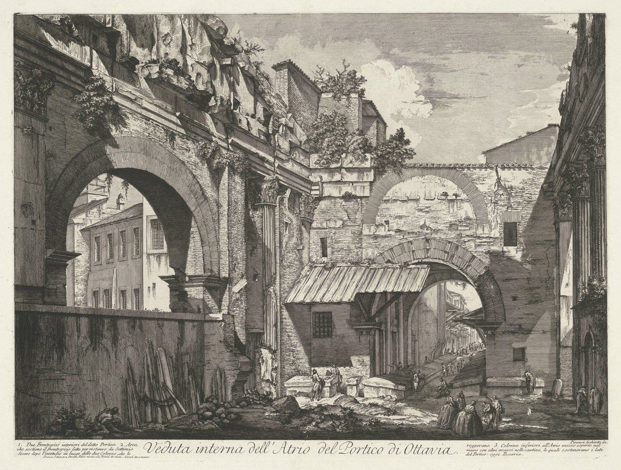 Interieur van de Porticus van Octavia te Rooma Sisäkuva Octavian portikon atriumista (otsikko esineessä) Gezichten op Rome (sarjan nimi) Näkymät Roomaan suunnitellut ja kaivertanut Giambattista Piranesi arkkitehti Ve (nez) iano (sarjan nimi) tekijältä Giovanni Battista Piranesi