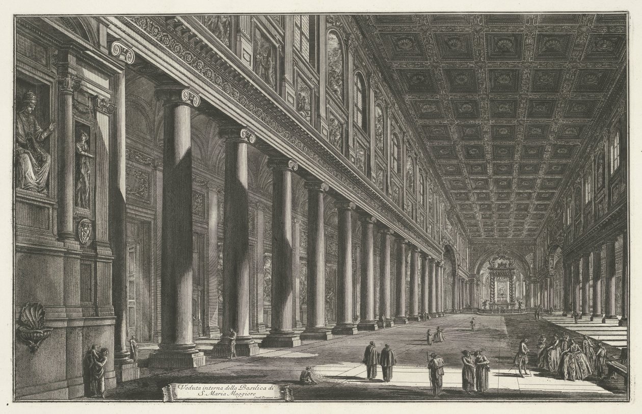 Sisustus van de Santa Maria Maggiore te Roomassa Sisäkuva S. Maria Maggioren basilikasta (otsikko esineessä) Gezichten op Rome (sarjan nimi) Näkymät Roomaan suunnitellut ja kaivertanut Giambattista Piranesi arkkitehti Ve (nez) iano (sarjan nimi) tekijältä Giovanni Battista Piranesi