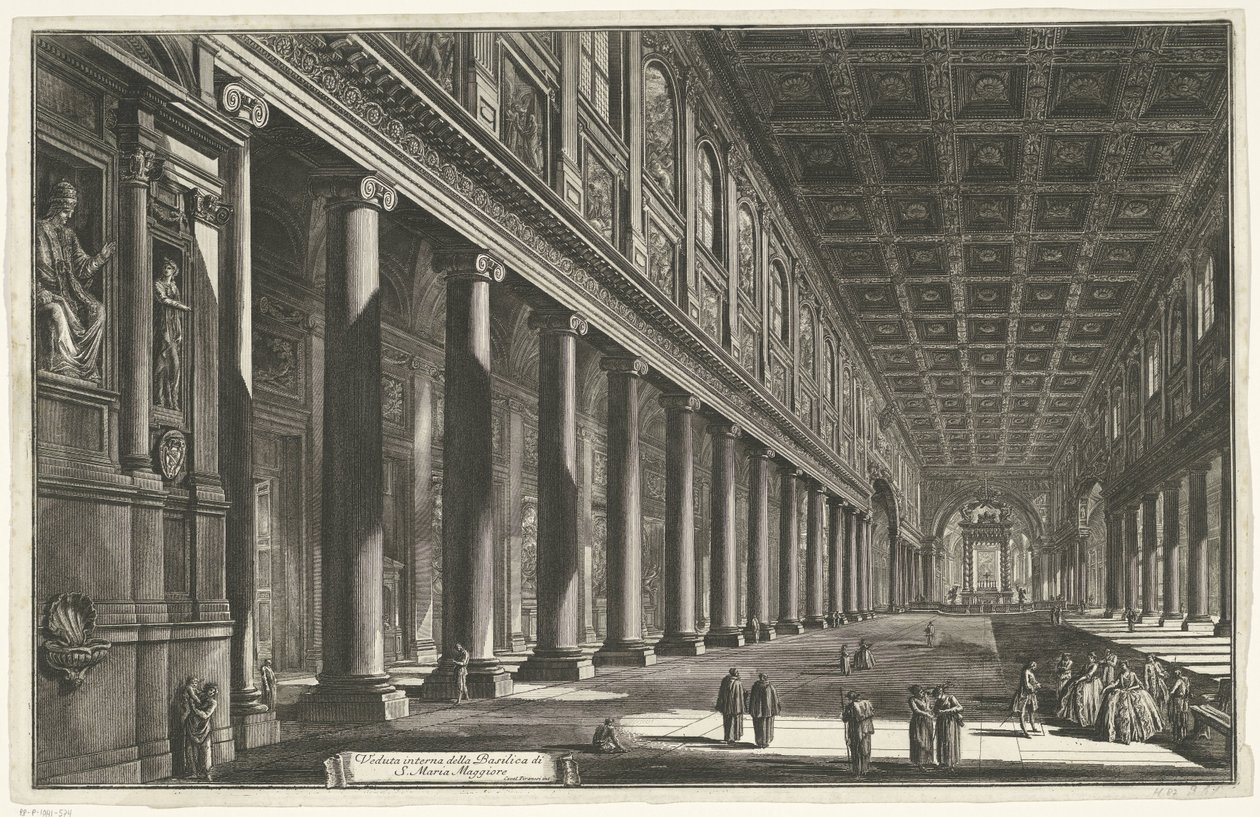 Sisustus van de Santa Maria Maggiore te Roomassa Sisäkuva S. Maria Maggioren basilikasta (otsikko esineessä) Gezichten op Rome (sarjan nimi) Näkymät Roomaan suunnitellut ja kaivertanut Giambattista Piranesi arkkitehti Ve (nez) iano (sarjan nimi) tekijältä Giovanni Battista Piranesi