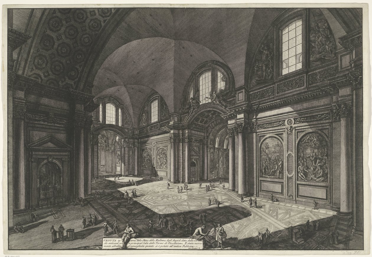 Interieur van de Santa Maria degli Angeli ja dei Martiri Roomassa Sisäkuva Madonna degli Anioli della della Certosa -kirkosta, joka oli muinainen ja oli Diocletianuksen kylpylän pääsali (otsikko esineessä) Gezichten op Rome (sarjan nimi) tekijältä Giovanni Battista Piranesi