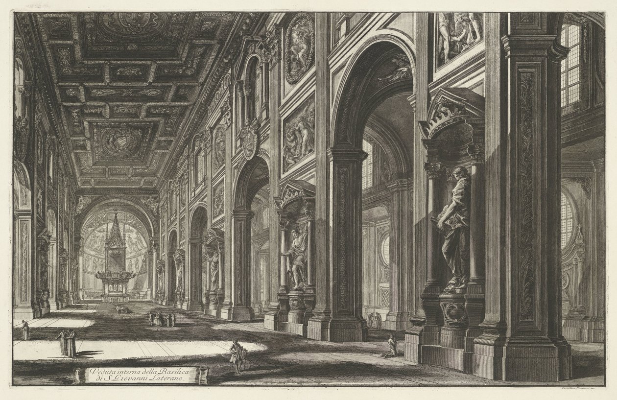 Interieur van de Sint-Jan van Lateranen te Rooma Sisäkuva S. Giovanni Lateranon basilikasta (otsikko esineessä) Gezichten op Rome (sarjan nimi) Näkymät Roomaan suunnitellut ja kaivertanut Giambattista Piranesi arkkitehti Ve (nez) iano (sarjan nimi) tekijältä Giovanni Battista Piranesi