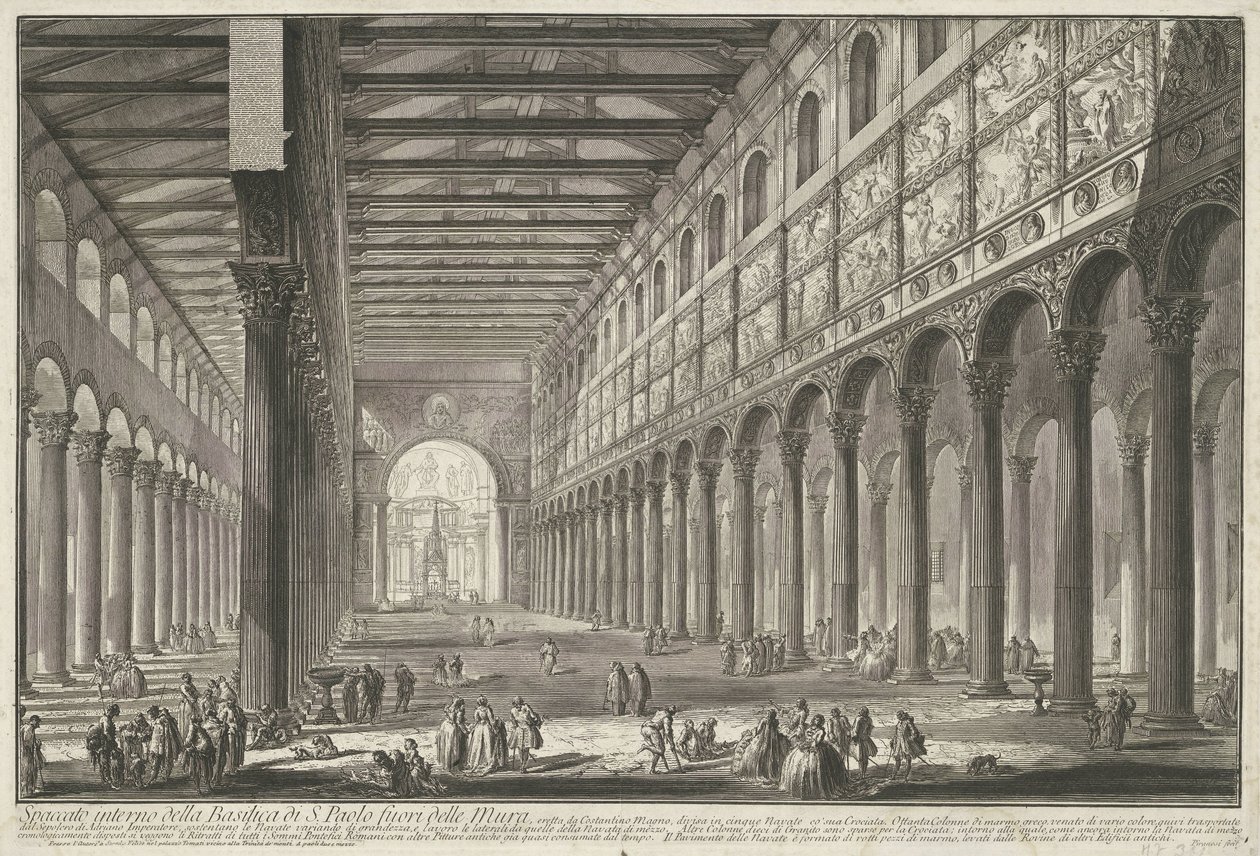 Interieur van de Sint-Paulus buiten de Muren te Rome Pyhän Paavalin basilikan sisäosa muurien ulkopuolella (...) (otsikko esineessä) Gezichten op Rome (sarjan nimi) Näkymät Roomaan piirtänyt ja kaivertanut Giambattista Piranesi arkkitehti Ve(nez)iano tekijältä Giovanni Battista Piranesi
