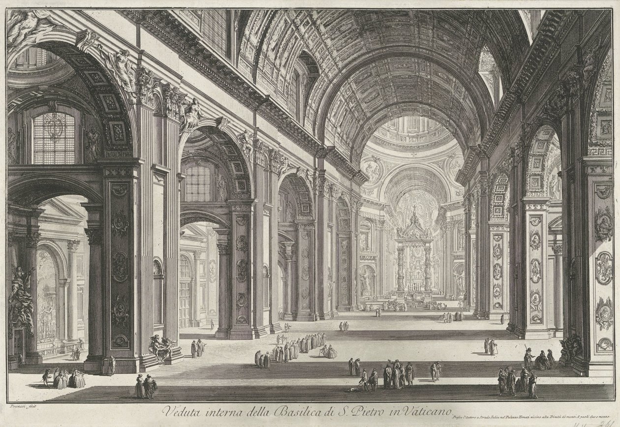 Interieur van de Sint-Pietersbasiliek te Vaticaanstad Sisäkuva Vatikaanin Pietarinkirkosta (otsikko esineessä) Gezichten op Rome (sarjan nimi) Näkymät Roomaan suunnitellut ja kaivertanut Giambattista Piranesi arkkitehti Ve (nez) iano (sarja ti tekijältä Giovanni Battista Piranesi