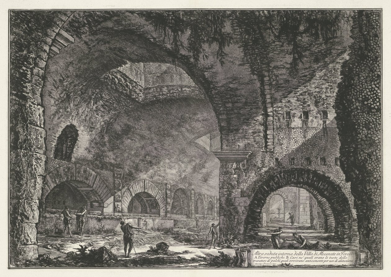 Interieur van de Tempel van Hercules Victor t ja Tivoli Toinen sisäinen näkymä Villa di Mecenatesta Tivolissa (otsikko esineessä) Gezichten op Rome (sarjan nimi) Näkymät Roomaan suunnitellut ja kaivertanut Giambattista Piranesi arkkitehti Ve (nez) iano (sa tekijältä Giovanni Battista Piranesi