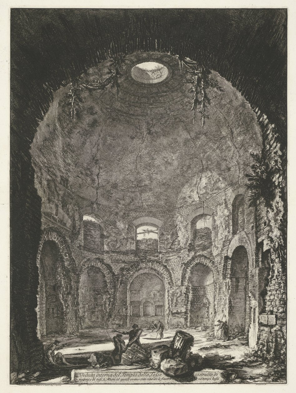 Interieur van de Tempio della Tosse Tivolissa Sisäkuva Tempio della Tossesta (...) (otsikko esineessä) Gezichten op Rome (sarjan nimi) Näkymät Roomaan suunnitellut ja kaivertanut Giambattista Piranesi arkkitehti Ve (nez) iano (sarjan nimi) tekijältä Giovanni Battista Piranesi
