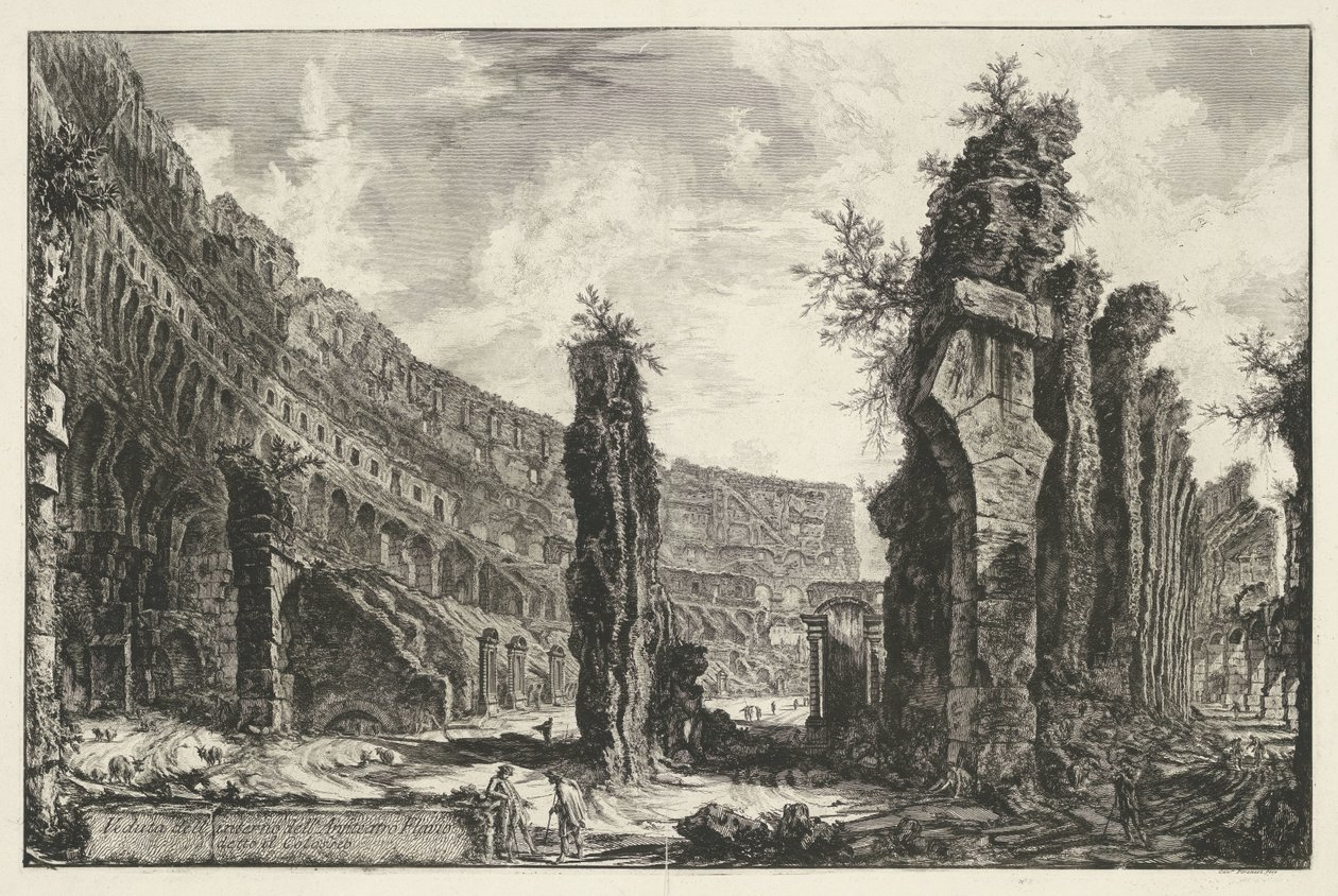 Rooman Colosseumin sisustus Näkymä Colosseumina tunnetun Flavian-amfiteatterin sisätiloihin (otsikko esineessä) Gezichten op Rome (sarjan nimi) Rooman näkymät piirtänyt ja kaivertanut Giambattista Piranesi arkkitehti Ve(nez)iano (sarjan nimi) tekijältä Giovanni Battista Piranesi