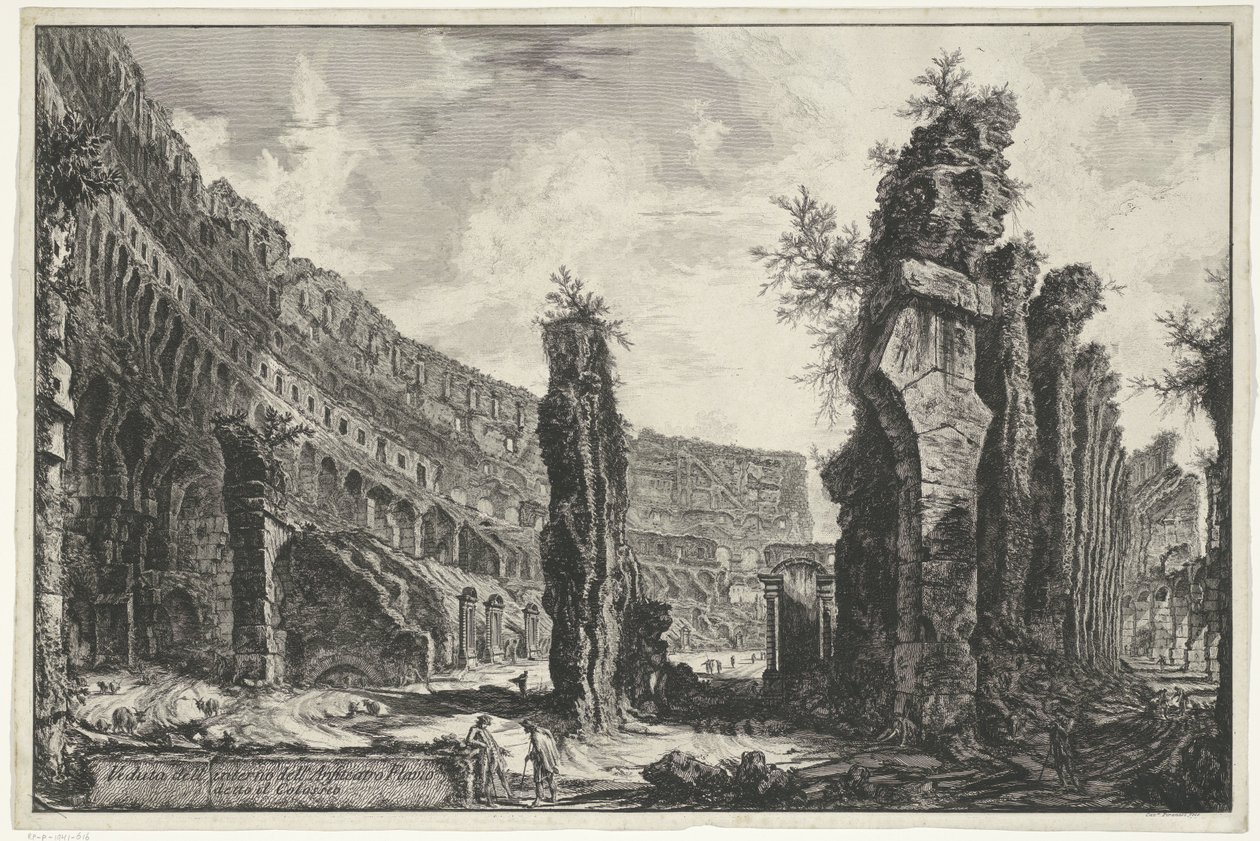 Rooman Colosseumin sisustus Näkymä Colosseumina tunnetun Flavian-amfiteatterin sisätiloihin (otsikko esineessä) Gezichten op Rome (sarjan nimi) Näkymät Roomaan suunnitellut ja kaivertanut Giambattista Piranesi arkkitehti Ve (nez) iano (sarjan nimi) tekijältä Giovanni Battista Piranesi