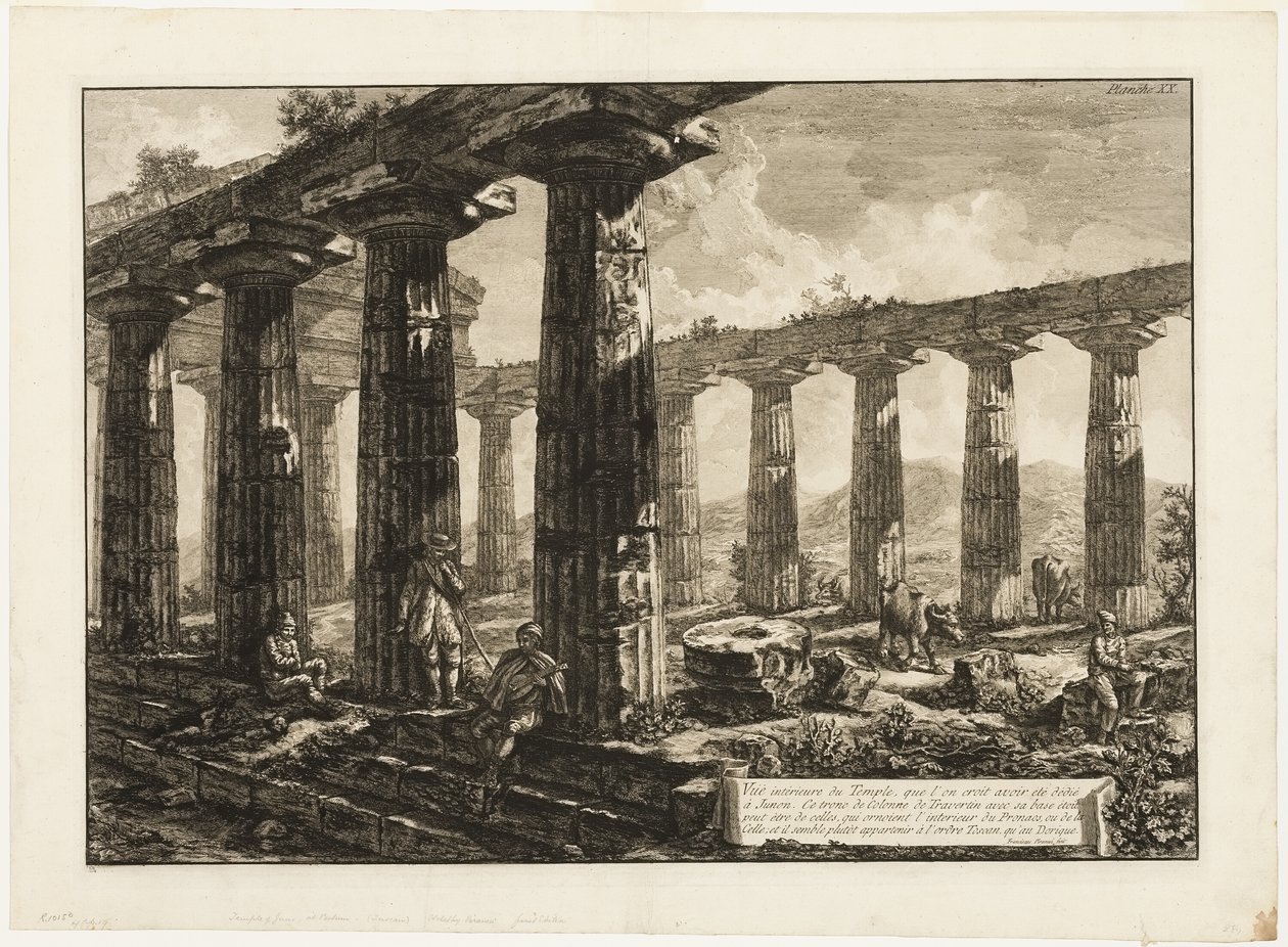 Sisänäkymä temppelistä, jonka uskotaan olleen omistettu Junolle, eri näkymistä Paestumiin tekijältä Giovanni Battista Piranesi