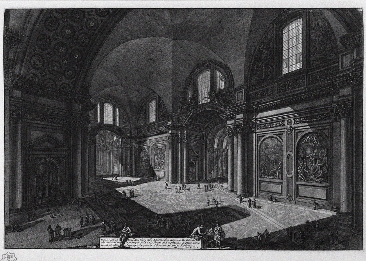 Santa Maria degli Angelin basilikan sisätilat, entiset Diocletianuksen kylpylät, vuosina 1765–1775 tekijältä Giovanni Battista Piranesi