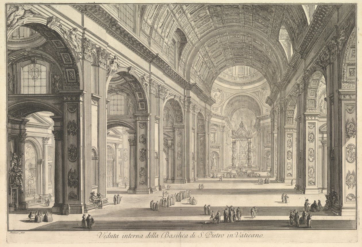Sisäkuva Vatikaanin Pyhän Pietarin basilikasta Vedute di Roma Roman Viewsilta, n. 1748. tekijältä Giovanni Battista Piranesi