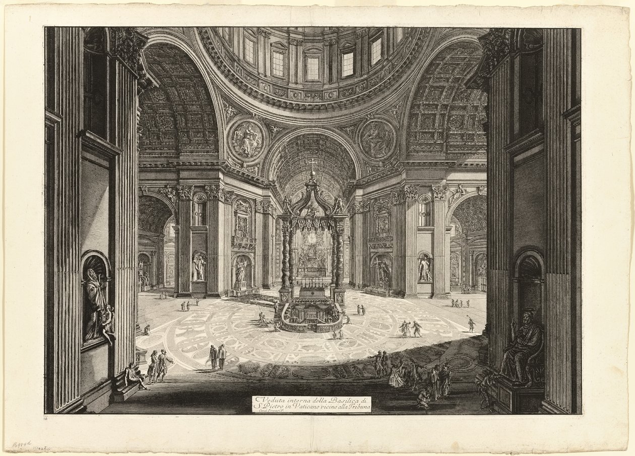 Sisäkuva Pietarinkirkon basilikasta Vatikaanissa, Tribuunin lähellä, alkaen Views of Rome (Rooma). tekijältä Giovanni Battista Piranesi