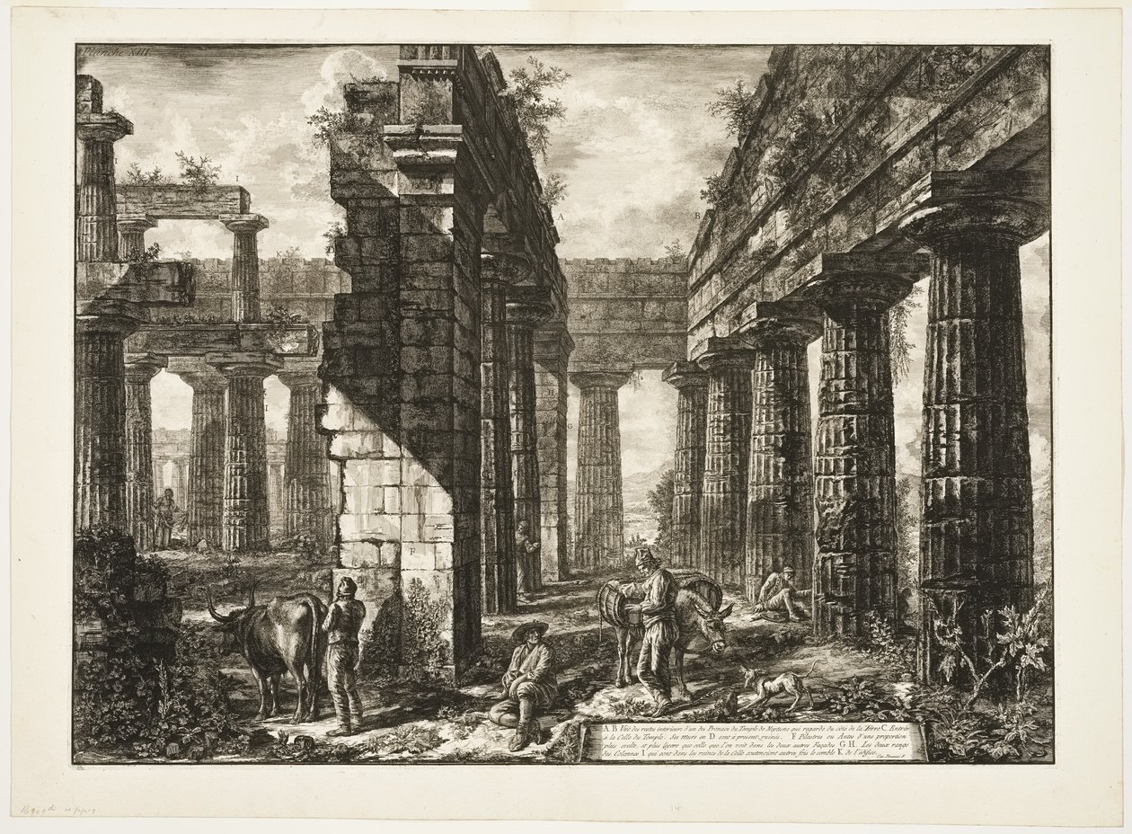 Sisäkuva yhden Neptunuksen temppelin pronaoin jäännöksistä, joka on sisämaahan päin, eri näkymistä Paestumiin tekijältä Giovanni Battista Piranesi