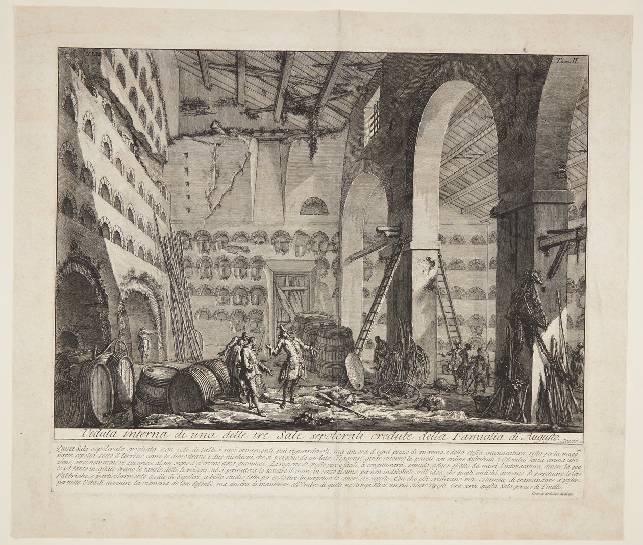 Sisäkuva kolmesta suuresta hautakammiosta, jonka uskotaan kuuluvan Augustuksen kotitalouteen tekijältä Giovanni Battista Piranesi