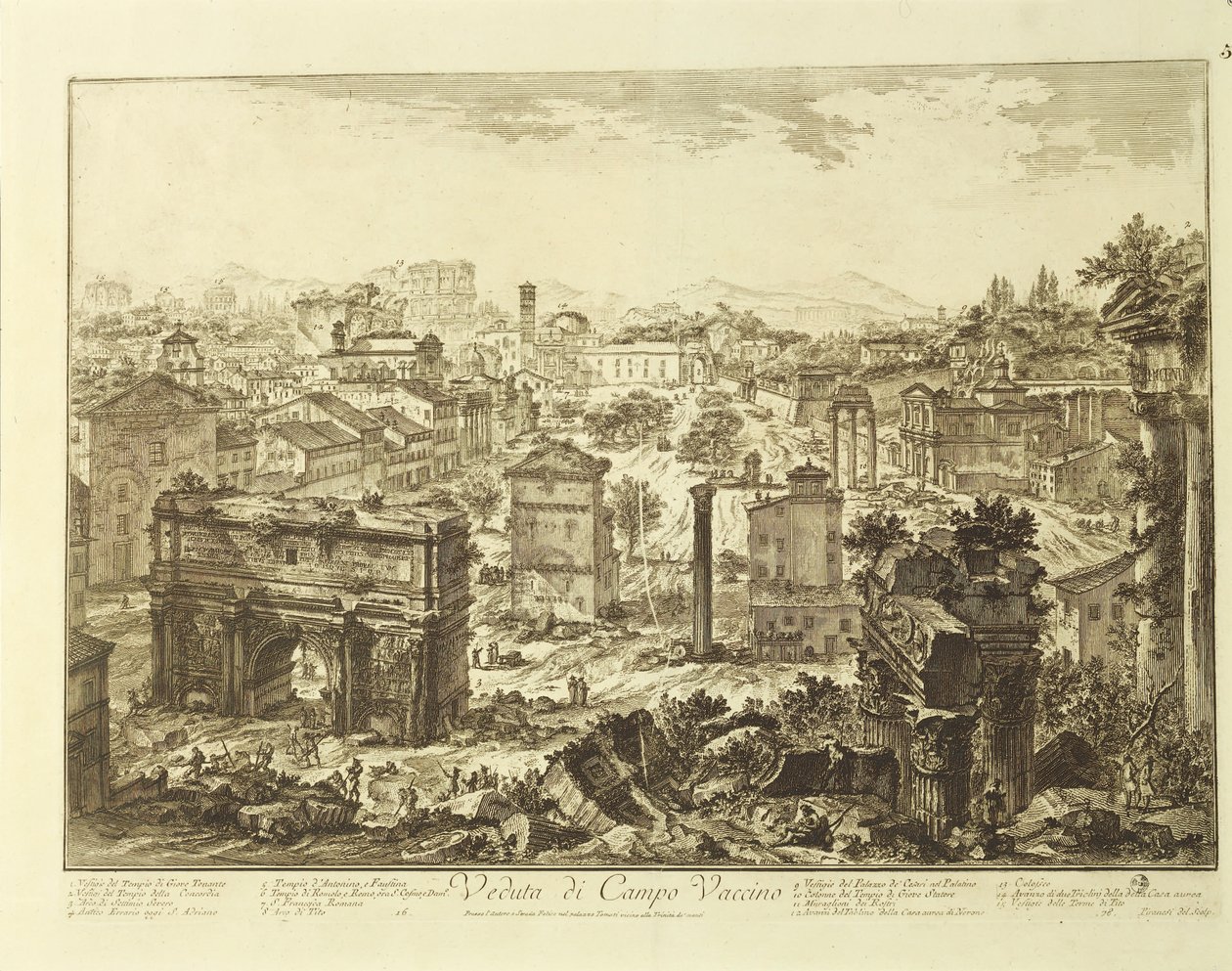 Italia, Rooma, näkymä Campo Vaccinolle (Roomalainen foorumi) ja Septimius Severuksen kaari (kaiverrus) tekijältä Giovanni Battista Piranesi
