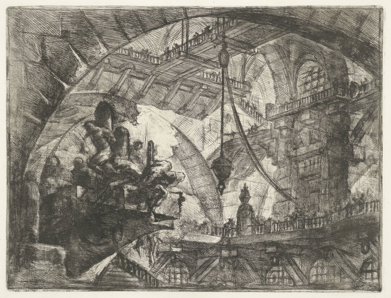 Dungeon vankien kanssa ulkonevalla alustalla Dungeons (sarjan nimi) Invenzioni Capric di Carceri all Acqua Forte (sarjan nimi) tekijältä Giovanni Battista Piranesi