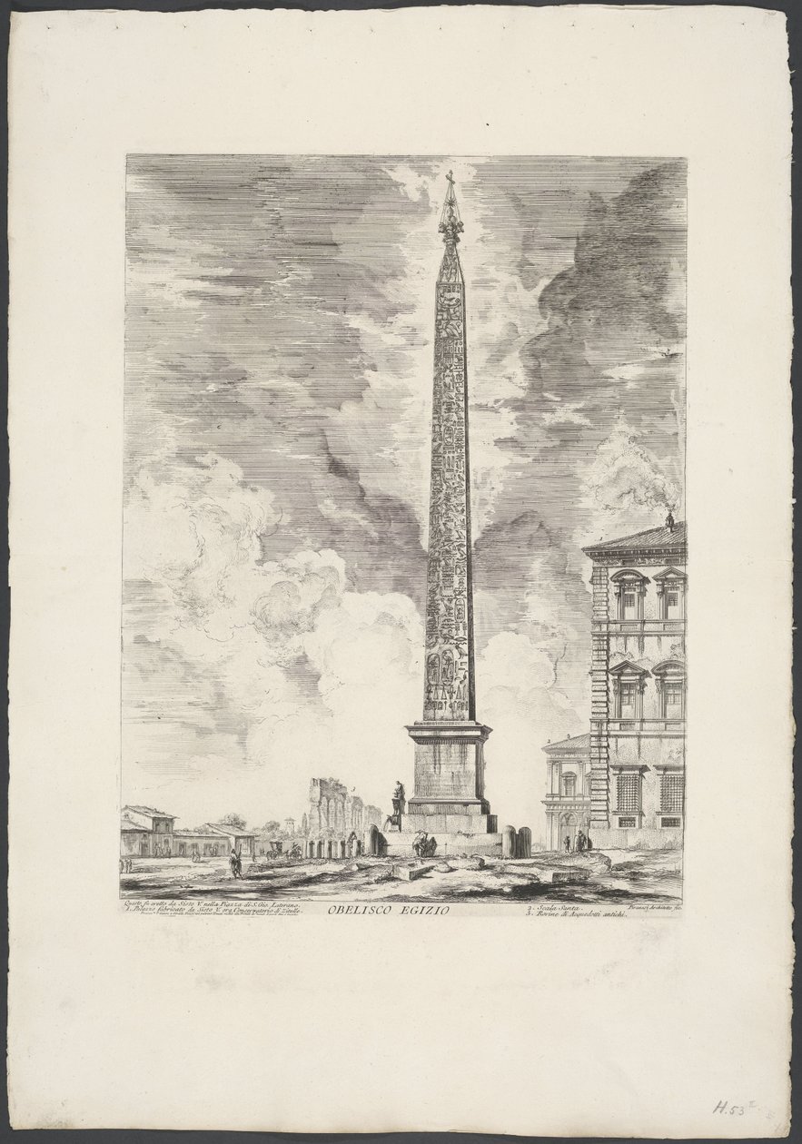 Lateraanse Obelisk Roomassa Egyptin obeliski (otsikko esineessä) Gezichten op Rome (sarjan nimi) Näkymät Roomaan suunnitellut ja kaivertanut Giambattista Piranesi arkkitehti Ve (nez) iano (sarjan nimi) tekijältä Giovanni Battista Piranesi