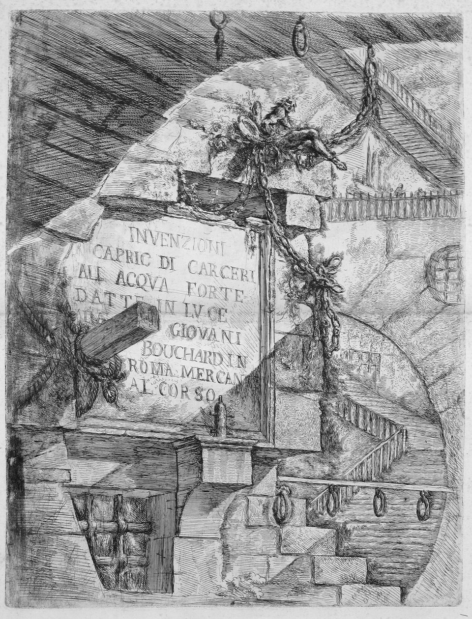 Keksintöjen vankilat, levy I: nimikilpi tekijältä Giovanni Battista Piranesi