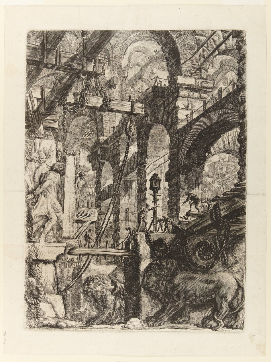Keksintöjen vankilat, laatta V: Leijona Bas-Reliefs (Leijona Bas-Reliefs) tekijältä Giovanni Battista Piranesi
