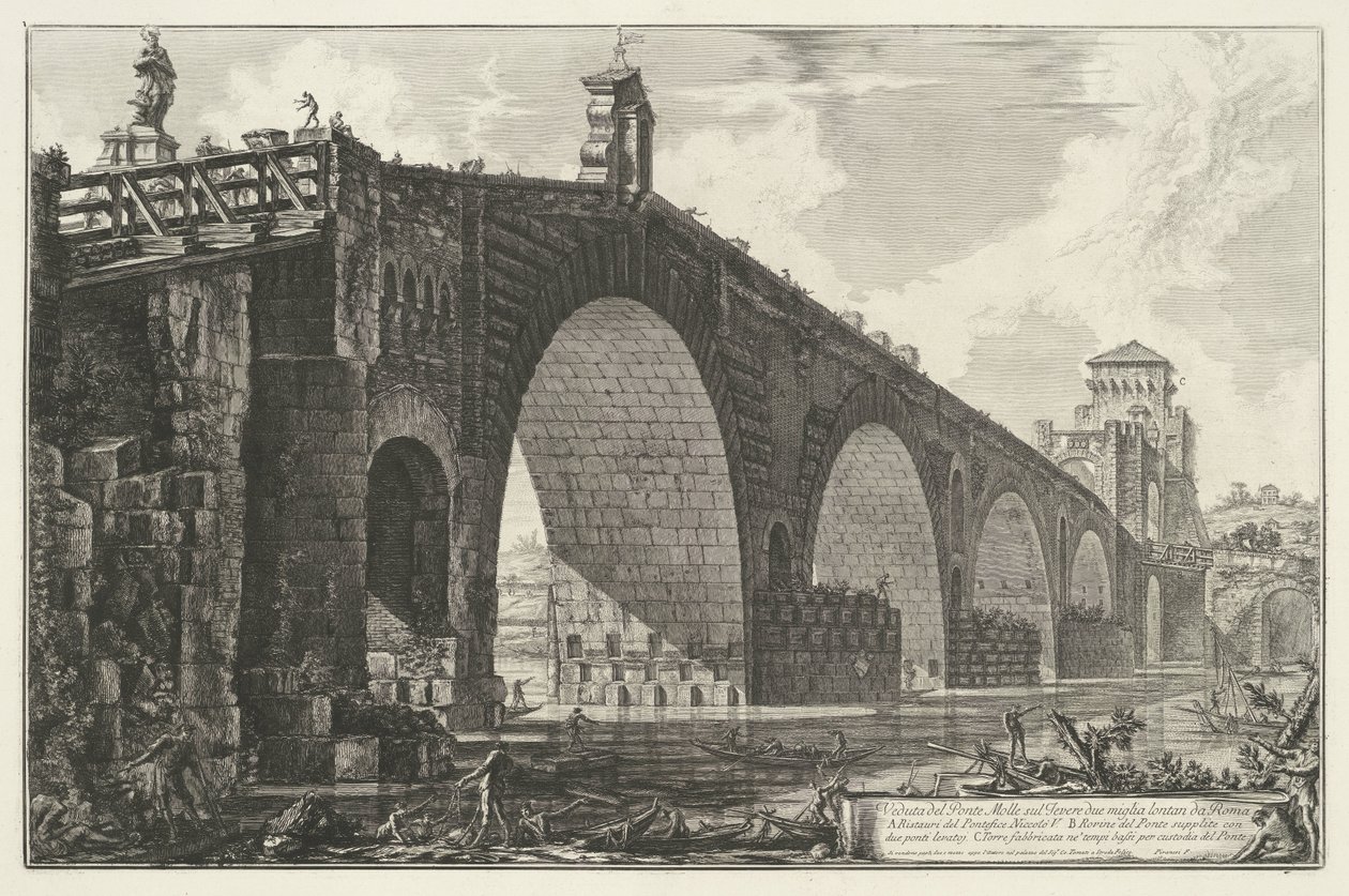 Milvische brug te Rooma Näkymä Ponte Mollelle Tiberin yli kahden mailin päässä Roomasta (otsikko esineessä) Gezichten op Rome (sarjan nimi) Näkymät Roomaan suunnitellut ja kaivertanut Giambattista Piranesi arkkitehti Ve (nez) iano (sarjan nimi) tekijältä Giovanni Battista Piranesi