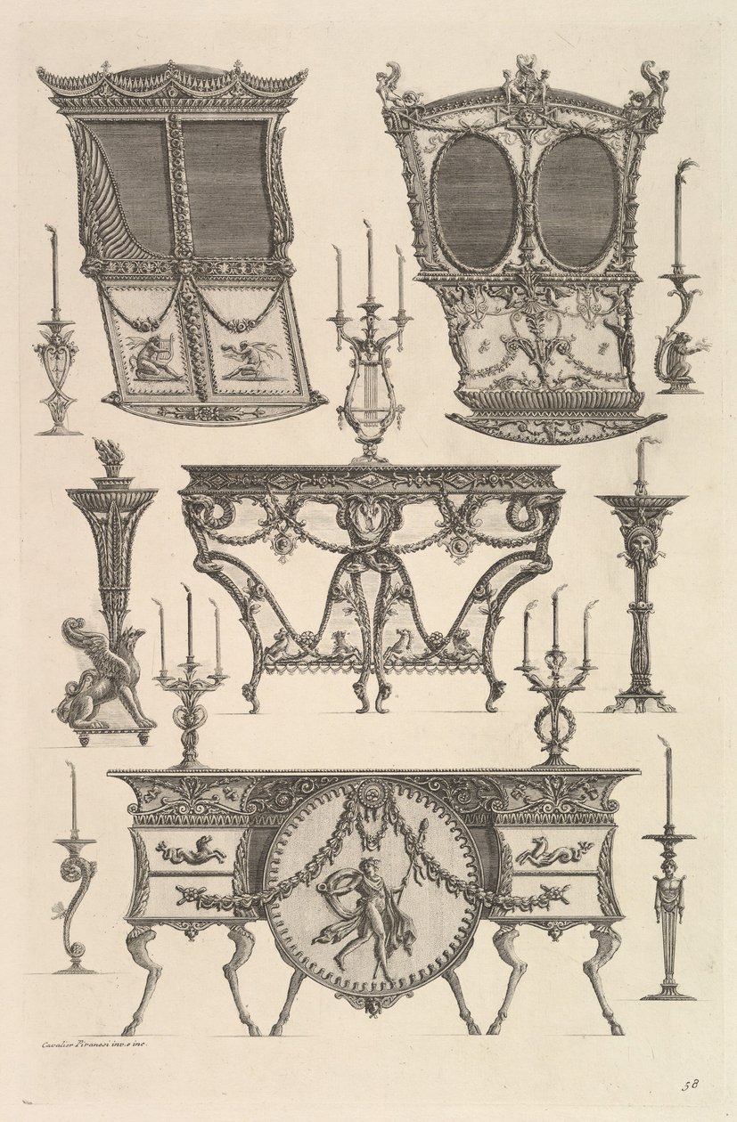 Erilaisia huonekaluja, mukaan lukien kaksi sedan-tuolia, sivupöytä ja lipasto Deux c..., n. 1769. tekijältä Giovanni Battista Piranesi