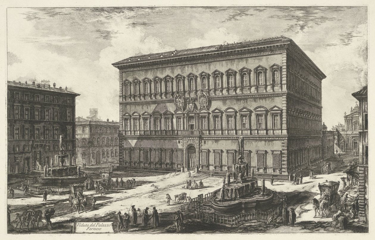 Farnesen palatsi Roomassa Näkymä Palazzo Farneselle (otsikko esineessä) Gezichten op Rome (sarjan nimi) Rooman näkymät piirtänyt ja kaivertanut Giambattista Piranesi arkkitehti Ve(nez)iano (sarjan nimi) tekijältä Giovanni Battista Piranesi