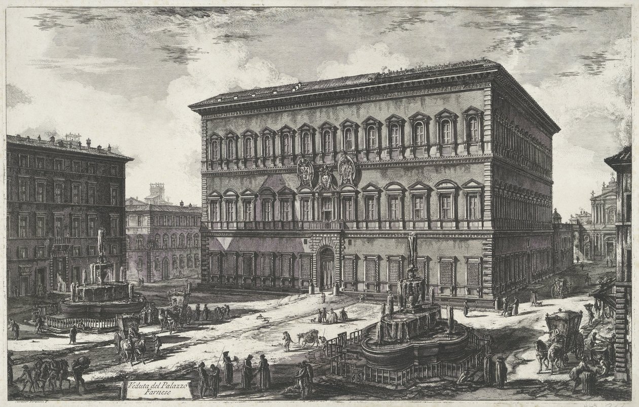 Palazzo Farnese te Rooma Näkymä Palazzo Farneselle (otsikko esineessä) Gezichten op Rome (sarjan nimi) Näkymät Roomaan suunnitellut ja kaivertanut Giambattista Piranesi arkkitehti Ve (nez) iano (sarjan nimi) tekijältä Giovanni Battista Piranesi