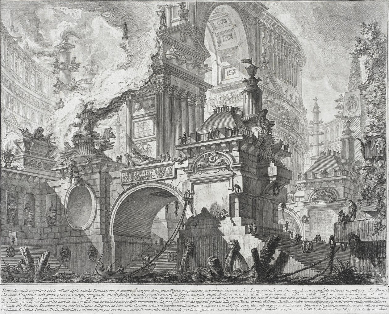 Osa muinaisten roomalaisten käytössä olleesta tilavasta ja upeasta satamasta, joka avautuu suurelle torille, 1761-80. tekijältä Giovanni Battista Piranesi