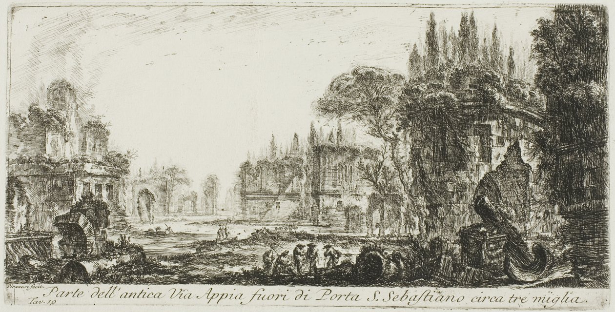 Osa muinaista Appian Way -tietä noin kolmen mailia Porta S. Sebastianon ulkopuolella, levy 19 kohdasta Some Views of Riemukaari ja muut monumentit tekijältä Giovanni Battista Piranesi