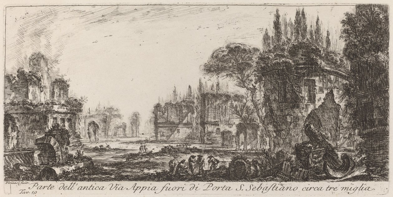 Osa muinaista Via Appiaa Porta S. Sebastianon ulkopuolella tekijältä Giovanni Battista Piranesi