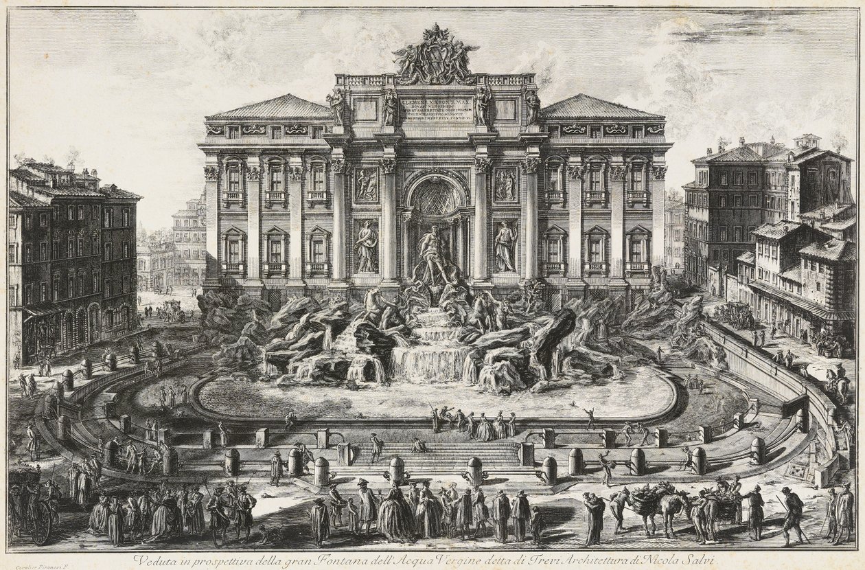 Perspektiivikuva Acqua Verginen suuresta suihkulähteestä, jota kutsutaan Trevin suihkulähteeksi tekijältä Giovanni Battista Piranesi