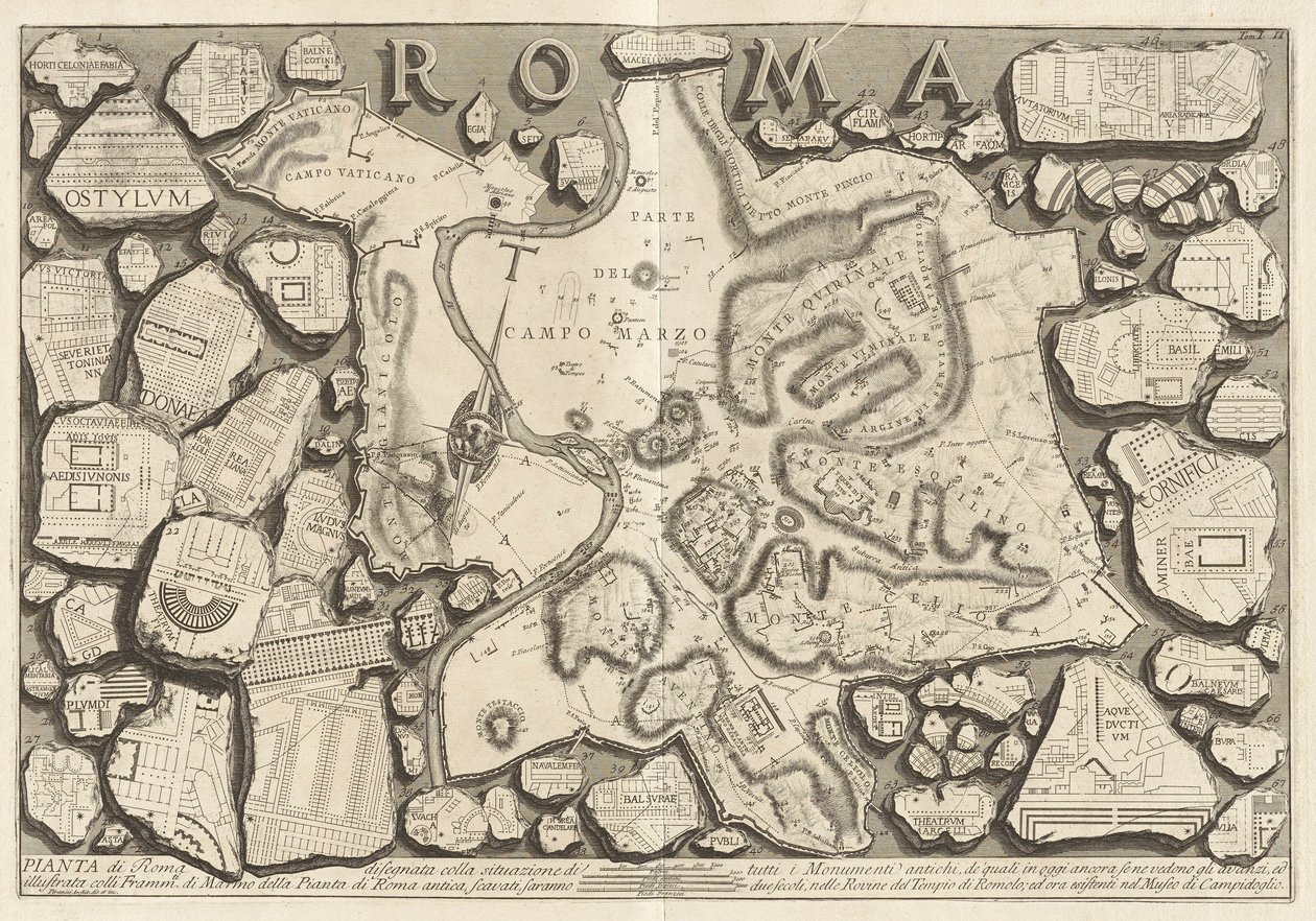 Rooman suunnitelma, jossa on kaikkien muinaisten monumenttien tilanne tekijältä Giovanni Battista Piranesi