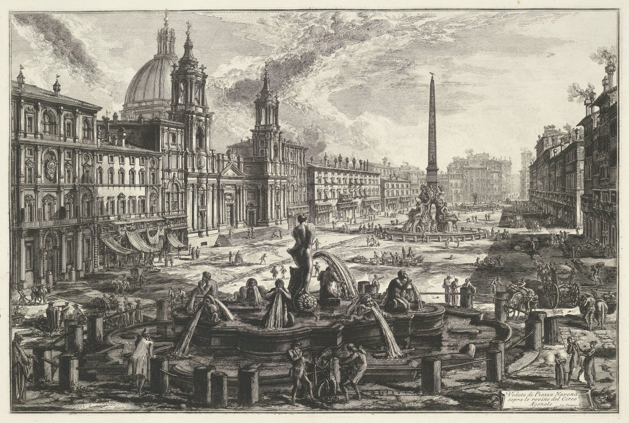 Piazza Navona te Roomassa Näkymä Piazza Navonalle Agonal Circuksen raunioiden yli (otsikko esineessä) Gezichten op Rome (sarjan nimi) Näkymät Roomaan suunnitellut ja kaivertanut Giambattista Piranesi arkkitehti Ve (nez) iano (sarjan nimi) tekijältä Giovanni Battista Piranesi